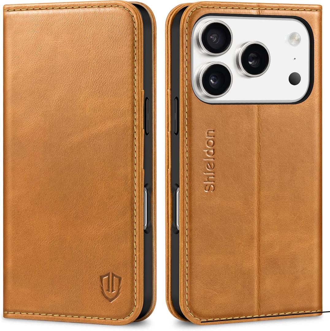 SHIELDON Case Wallet for iPhone 17 Pro 6.3-inch | Genuine Leather | Book Desgin | RFID Blocking Credit Card Slots | Magnetic Closure | Shock Absorbing Phone Cover | 2025 | Retro Light Brown