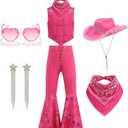 Cowgirl Costume for Girls Princess Dress up Halloween Cosplay Outfits with Hat Ear Clips Glasses (140(7-8T), Rose)
