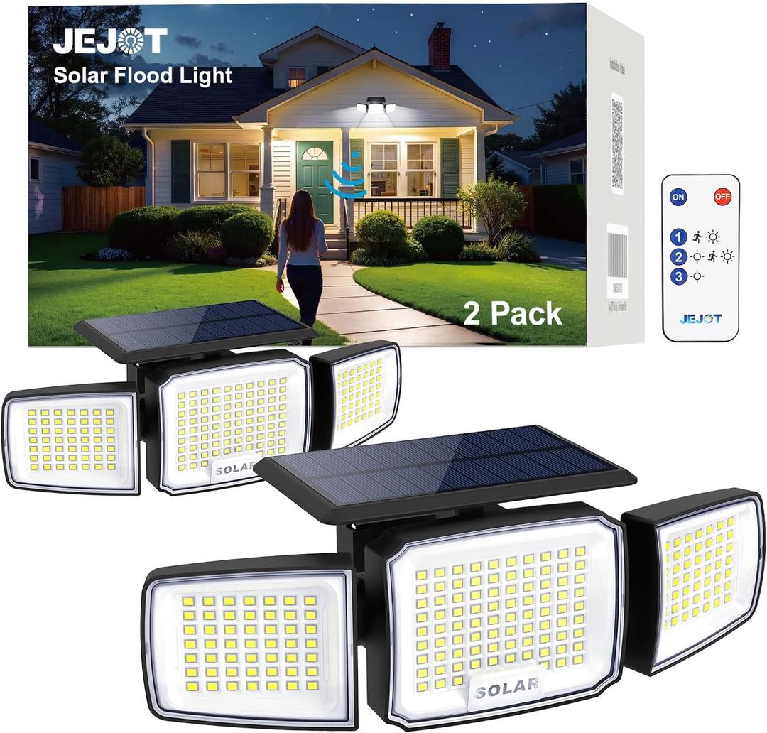 Solar Security Light Outdoor,Solar Flood Light with Active Motion Sensor,3 Heads 270 Wide Angle,Remote Control,IP65 Waterproof, 3 Modes (2 Packs)