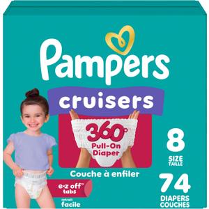 Pampers Diapers - Cruisers 360 Degrees - Size 8, 74 Count, up to 100% Leakproof Fit, Designed for Active Babies, Pull On Diaper, EZ Off Tabs Designed for Easy Changes