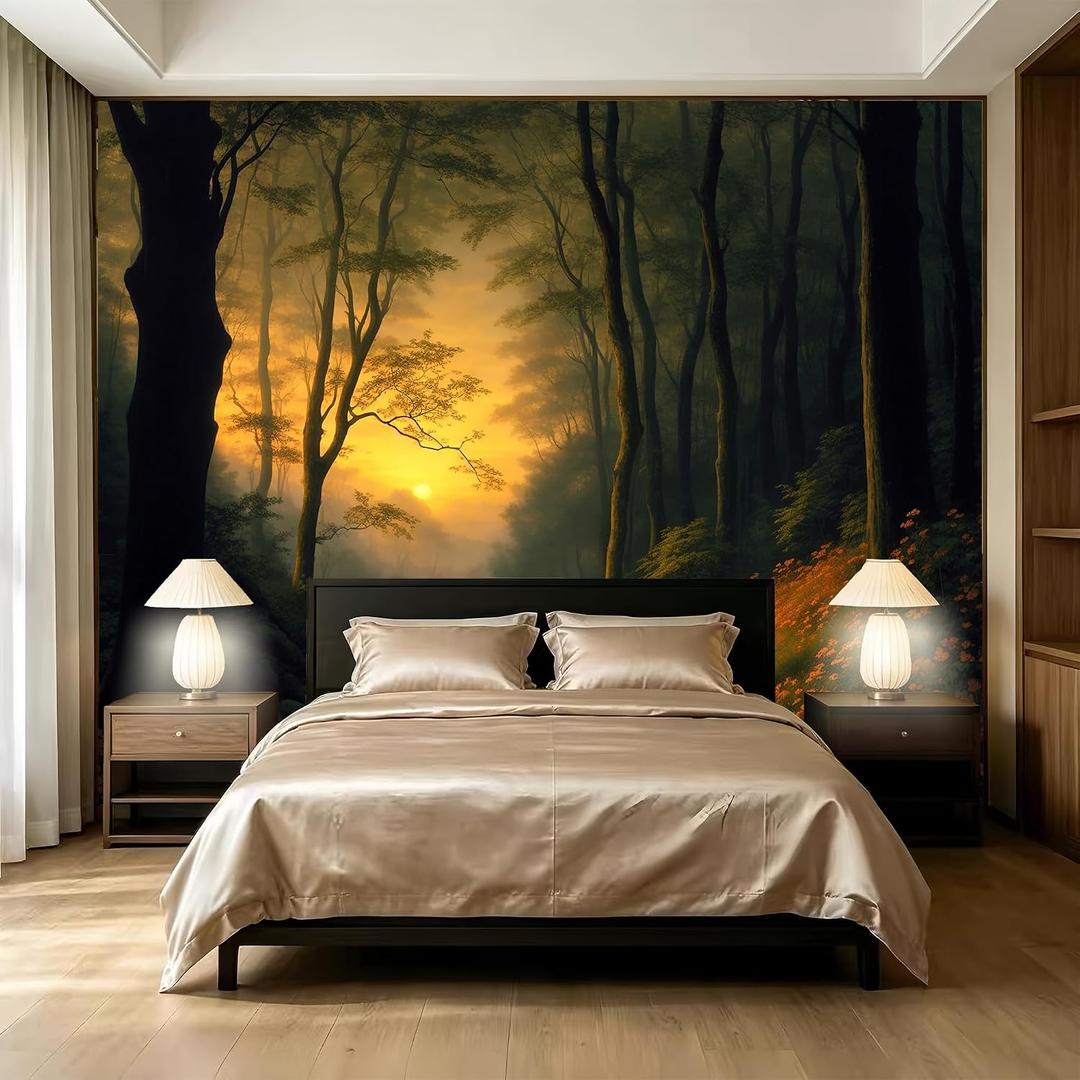 Sunset, Dark Forest Landscape wall murals Woodland Tree Peel and Stick self Adhesive Wallpaper for Bedroom Living Room (SDY-08, 118 "83 ")
