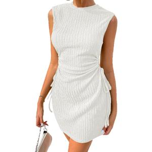 Acelitt Women's Summer Dresses 2026 Beach Casual Crewneck Loose Sundress Ribbed Cut Out Mini Dress (Large, White)