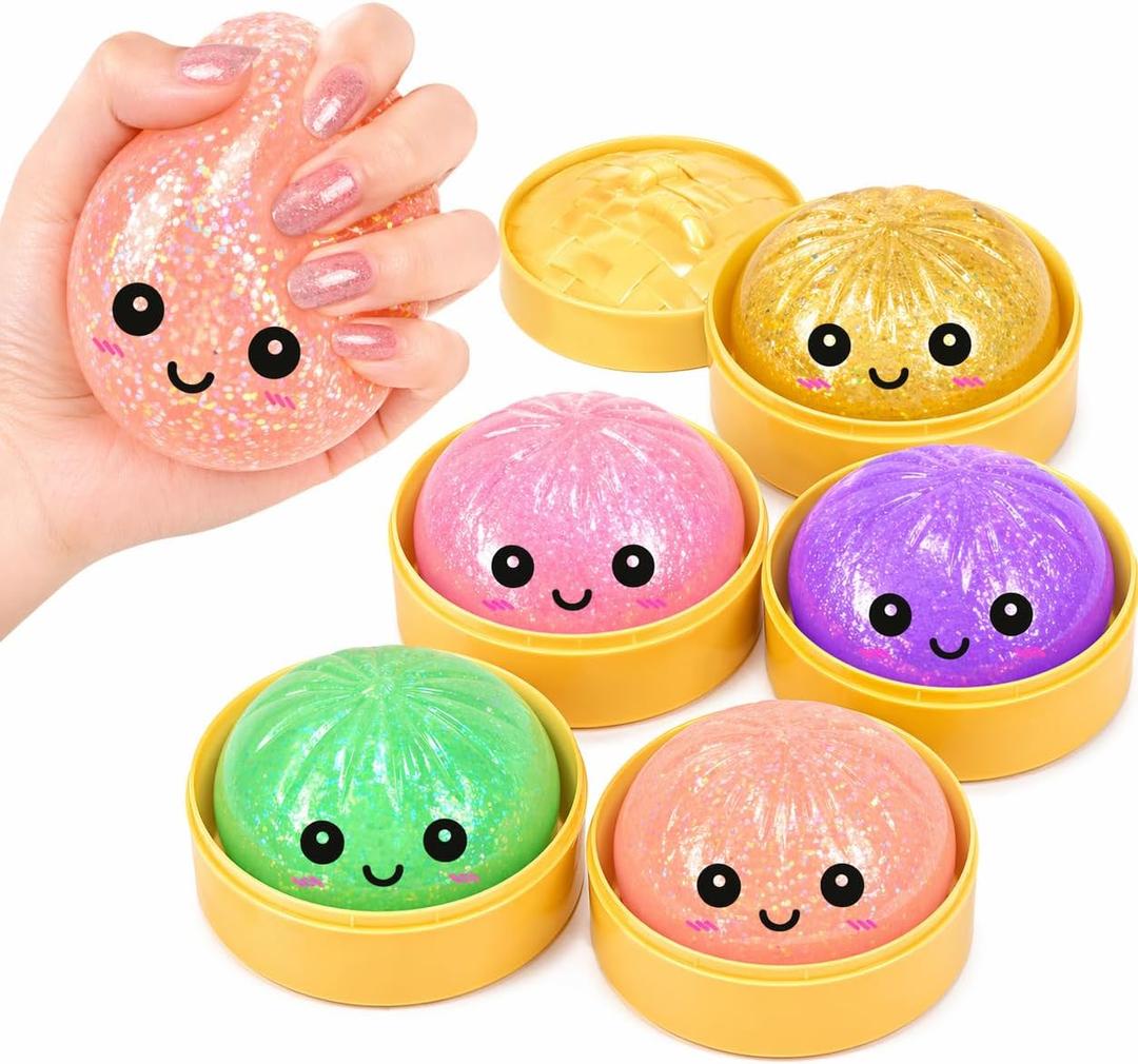 Glitter Dumpling Squishy Mystery Box - 100% Rare Hidden Edition Included, 5 Shiny Colors, 4 Random Unique Pieces, US Toy Safety Certified