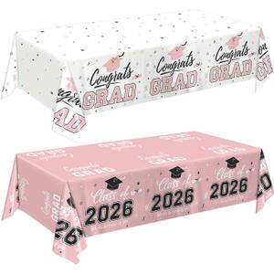 Oigco 2 Pack Pink Graduation Tablecloths, Graduation Decorations Class of 2026, Congrats Grad Plastic Table Cloths for Graduation Party Decorations, 54 x 108 Inch