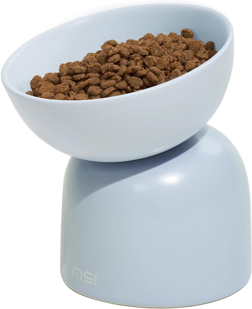 Elevated Cat Food Bowl, Ceramic Cat Bowls for Food and Water, Cat Bowls Whisker Friendly, Lead & Cadmium Free, 15Tilted Non-Slip Anti Vomiting for Cats and Puppy Blue