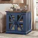 BEROXII Farmhouse End Table, 24" Large End Tables with Storage, Rustic Square Sofa Beside Table with Glass Barn Door, Wood Side Table Square Nightstand for Living Room, Bedroom, Office (Misty Blue)