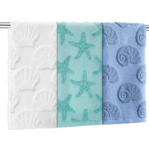 Moukeren 3 Pcs Coastal Hand Towels for Bathroom Ocean Beach Decorative Bath Towels 100% Cotton Jacquard 3D Sea Starfish Shells Absorbent for Summer Beach Theme Gifts Bathroom Decor 13.78 x 29.53 Inch