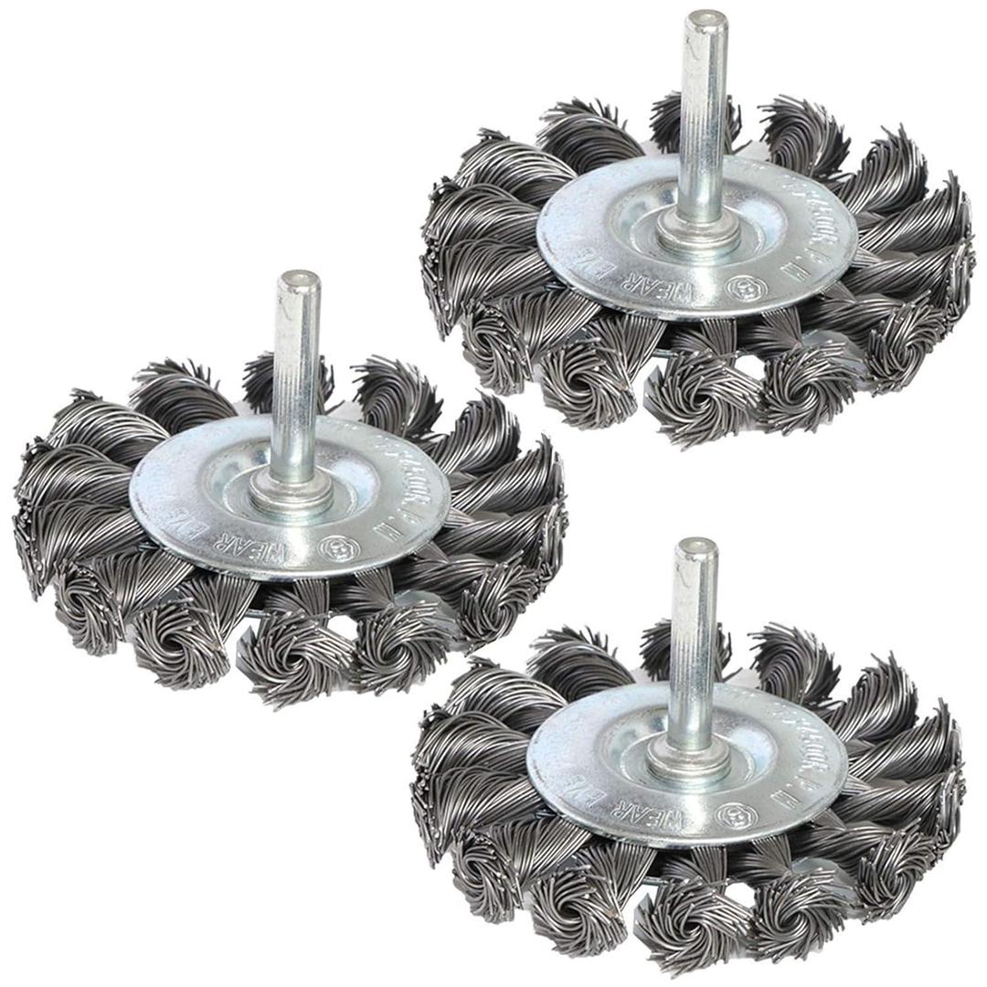3PCS 3 Inch Knotted Wire Wheel Brushes Kit for Drill with 1/4-Inch Shank, Twist Brush Set Perfect for Rust Removal, Corrosion and Paint, Wire Wheels for Power-Operated Grinders