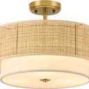 Semi Flush Mount Ceiling Light, 16" Gold Light Fixtures Ceiling Mount, 3-Light Boho Rattan Linen Drum Light Fixture, Modern Farmhouse Chandelier for Bedroom Entryway Living Room Hallway Foyer