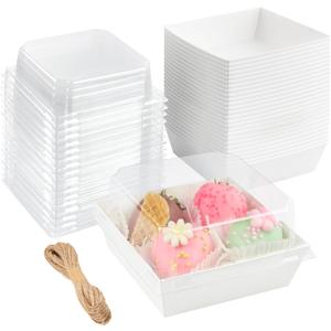 ZORRITA 50 Pack Small Paper Charcuterie Boxes with Clear Lids, 44 Inch Mini Cake Slice Boxes To Go Bakery Containers for Individual Desserts, Cookies, Strawberries, Treats (White)