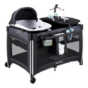 Pamo Babe 4 in 1 Baby Playards with Bassinet & Changing Table, Portable Crib Breathable Mesh and Toy Mobile (Black)