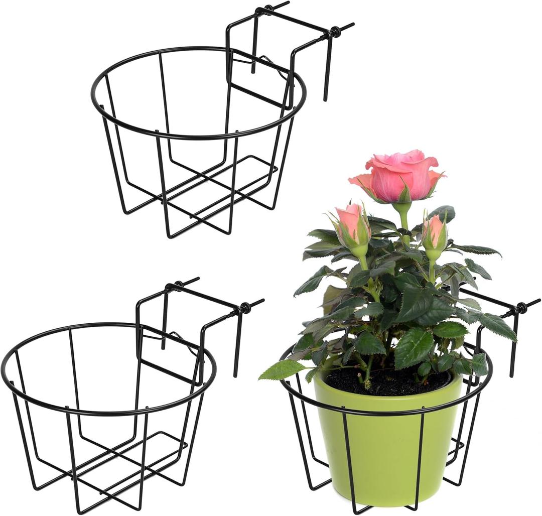 TQVAI 10 Inch Railing Planter - Fit for 1.5 to 3.5 Inches Railing - Adjustable Hanging Planters Outdoor Balcony Deck Flower Pot Holder Metal Baskets for Garden Orchid, Patio Ledge, Pack of 3, Black