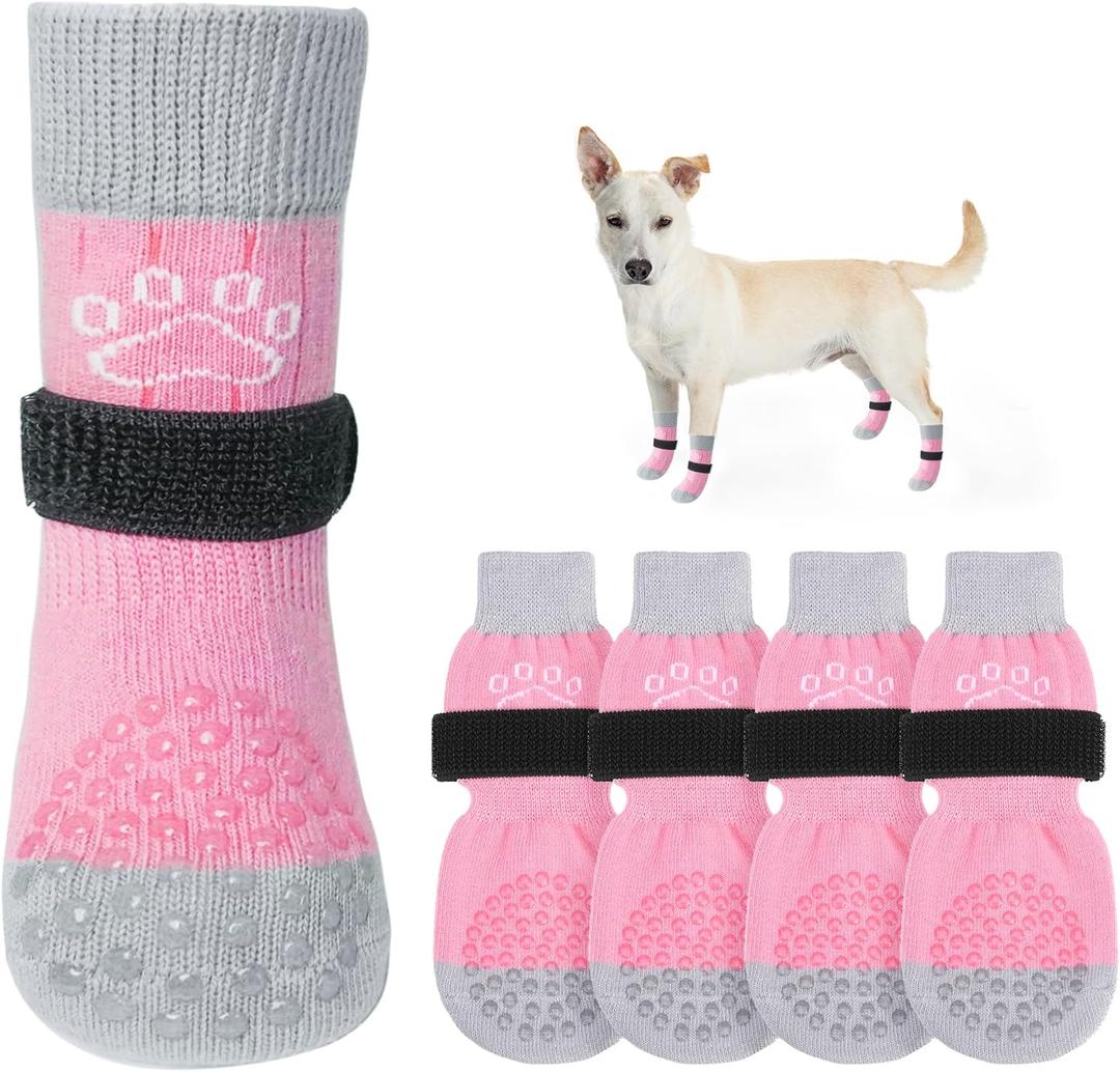 SCENEREAL Dog Socks to Prevent Licking Paws for Hot/Cold Pavement Anti Slip, Dog Shoes for Hardwood Floors, Dog Boots & Paw Protectors with Grippers for Small Medium Large Senior Dogs, Pink XS (Pink Pearl Paw(Pack of 4))