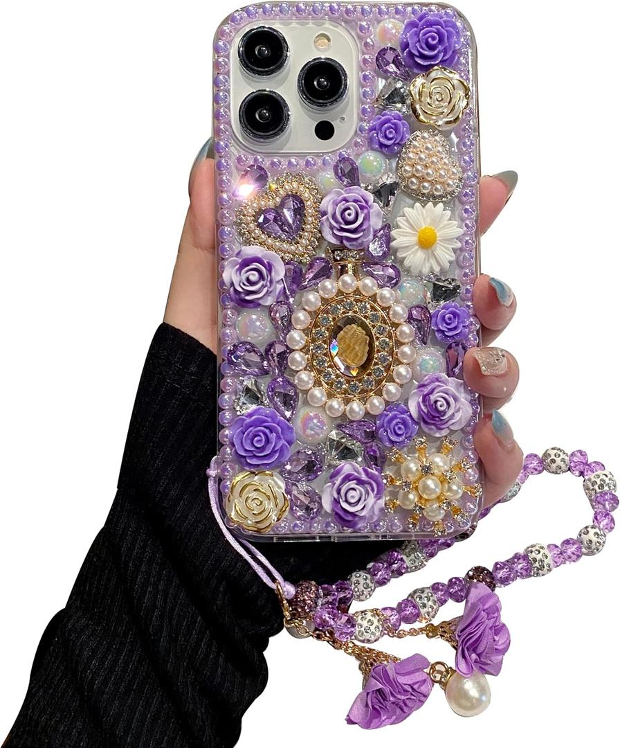 iFiLOVE for iPhone 14 Bling Diamond Case with Flower Strap, 3D Luxury Sparkle Glitter Crystal Rhinestone Pearl Love Rose Wristband Bracelet Case Cover for Girls Women Kids (Purple)