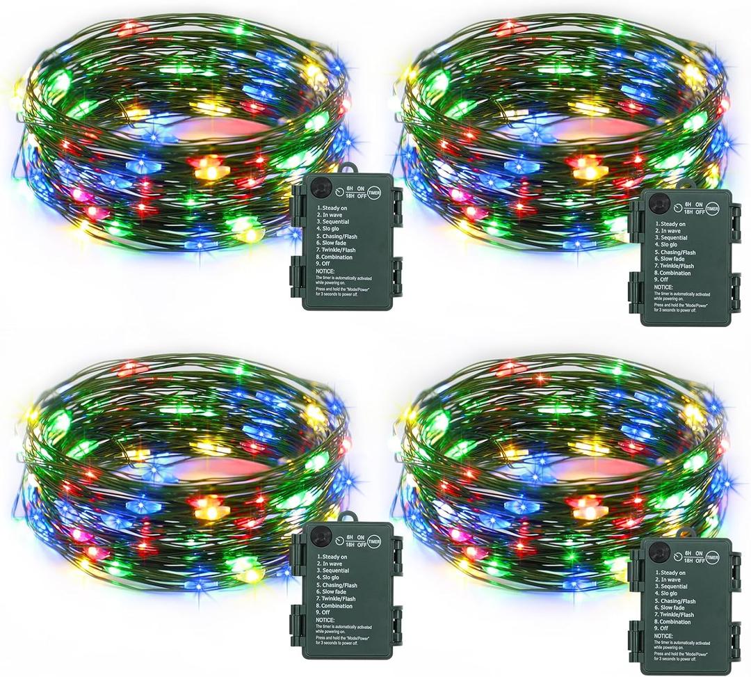 4 Pack Fairy Lights Battery Operated, 16.4 Ft 50 LED Starry Fairy Lights with Auto Timer Dark Green Copper Wire Twinkle Lights for Wedding Bedroom Christmas (Multicolor)