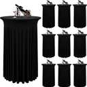 10 Packs Round Cocktail Table Skirt 32"x 43" Black Spandex Stretch Cocktail Table Skirt Cocktails Tablecloth with Wavy Drapes, Spandex Fitted High Top Tables Covers for Wedding Bar Banquet Party