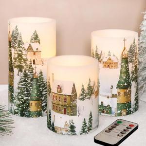 Christmas Flameless Pillar Candles Winter Snowflakes Village Theme Battery Operated with Remote Real Wax LED Flickering Realistic Flame Light Window Christmas Gifts Holiday Home Decor