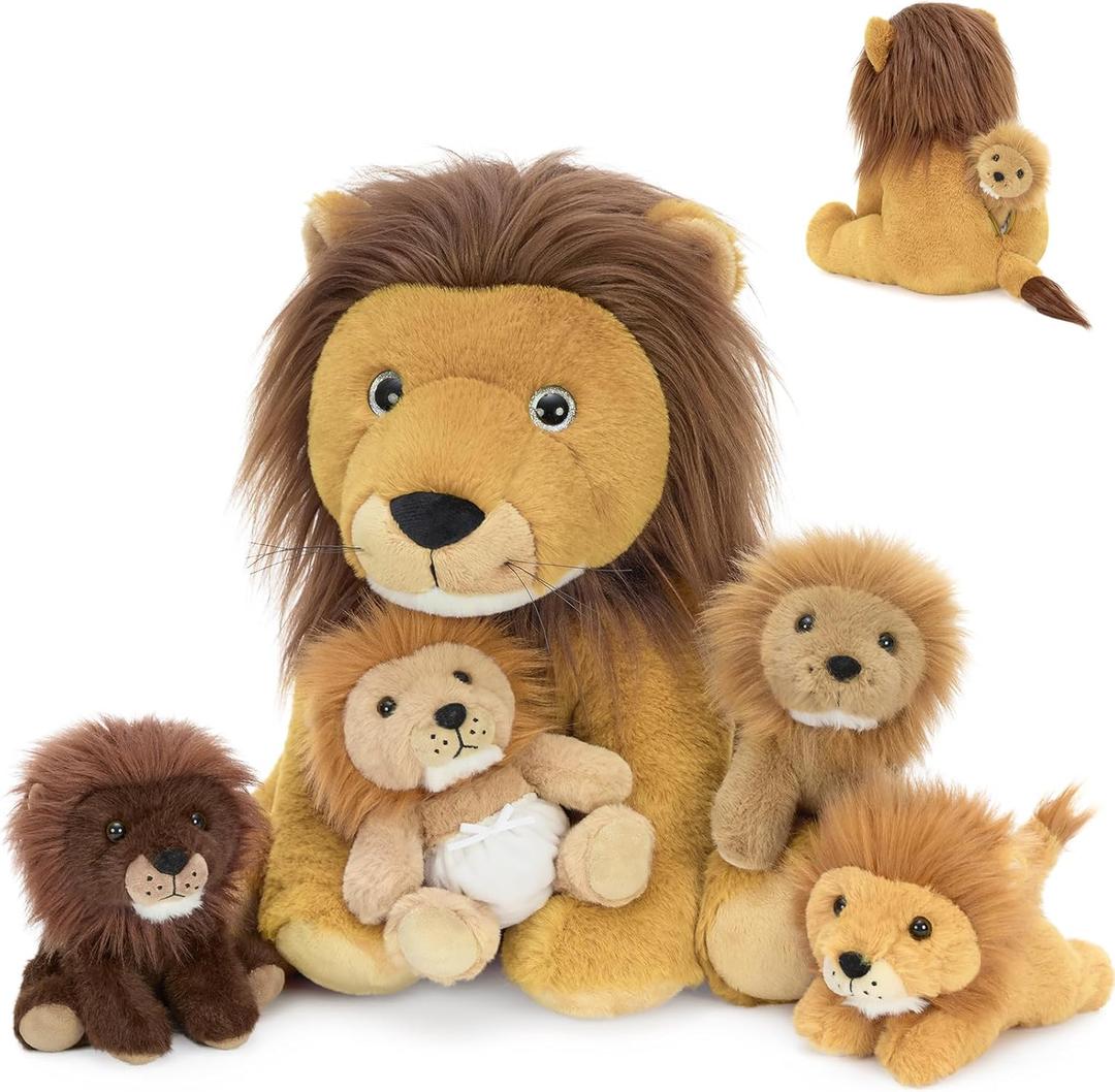 MorisMos 5Pcs Lion Stuffed Animal Set, 13.7" Stuffed Lion Plush Toys with 4 Babies Inside, Wild Animal Plush Toys, Gift for Boys, Girls, Kids Birthday Christmas