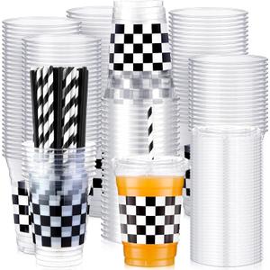 meekoo 50 Sets Checkered Cup with Flat Lids and Straws 12 oz White Black Checkered Flag Plastic Cups Clear Drink Disposable Cups with Lids for Race Car Themed Party Birthday Baby Shower Car Sports, White Black Checkered Flag, Plaid