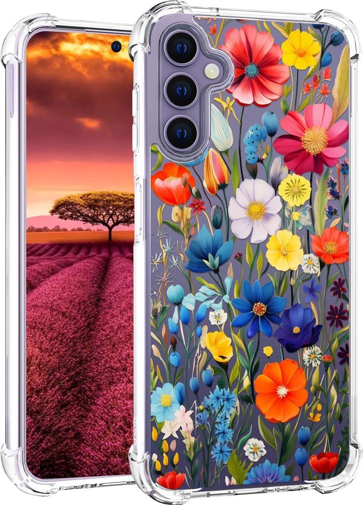 Compatible with Samsung Galaxy S24+ Plus & S25+ Plus Case Designer Cute Clear for Women,Cool Transparent Silicone Phone Cases Cover - Blue Flower Floral Garden