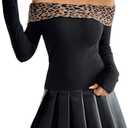 MakeMeChic Women's Off The Shoulder Sweater Leopard Print Long Sleeve Knitted Cheetah Print Top.S