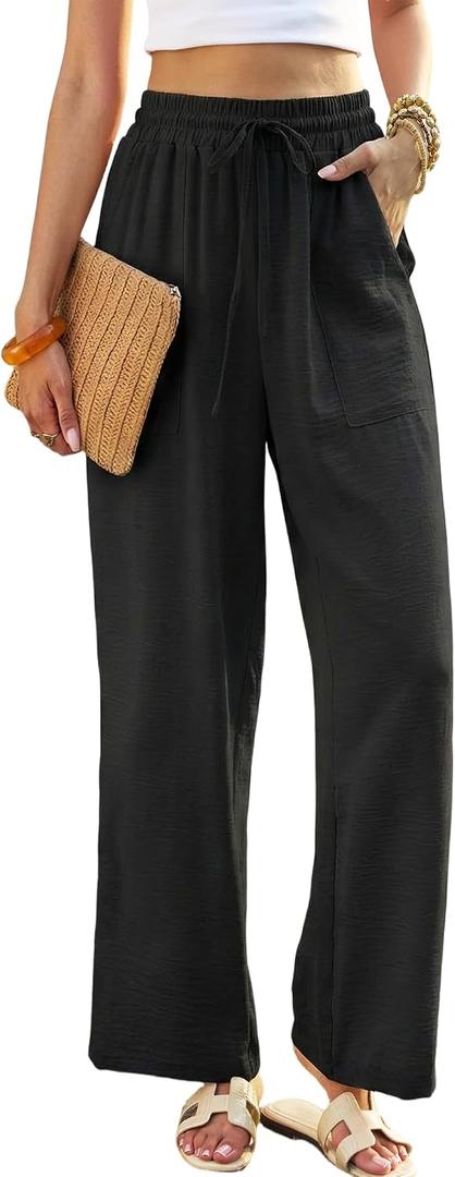 Black Linen Wide Leg Pants for Women, Beach Cover Up Palazzo Pant with Pocket, Summer High Waisted Pant Travel