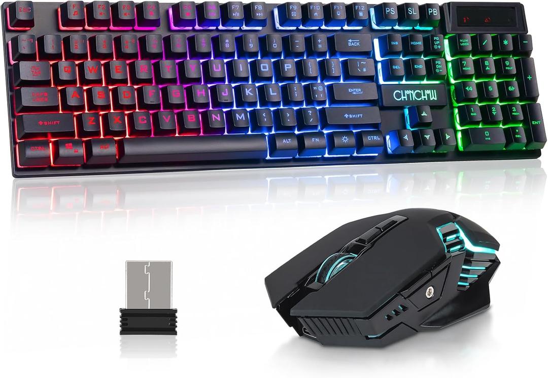CHONCHOW USB Wireless Gaming Keyboard and Mouse Combo, LED Backlit Ergonomic Mechanical Feeling Keyboard, Rechargeable 2500mAh Battery, Anti-ghosting Keyboards 7D 3600DPI Mice for PC Gamer (black,rgb backlit)