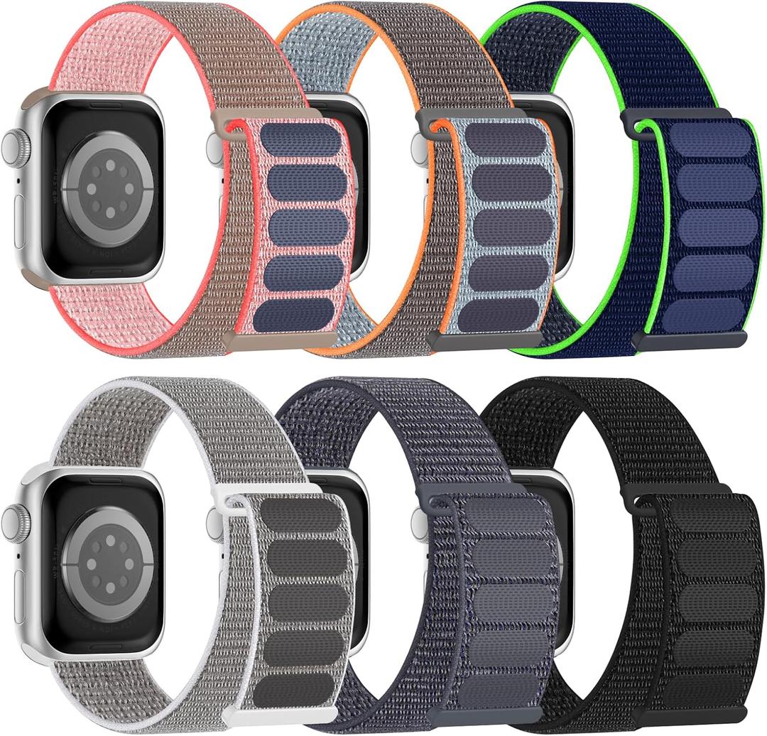 6 Pack Sport Nylon Loop Band Compatible with Apple Watch Band 38mm 40mm 41mm 42mm 44mm 45mm 46mm 49mm for Women Men, Adjustable Breathable Braided Straps for iWatch Series 11/10/9/8/7/6/5/4/3/SE/Ultra