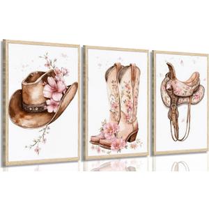 Tertiosh 3Pcs Western Cowgirl Wall Art Retro Western Flower Boots Hats Wall Decoration Pictures Girls Room Paintings Artwork Preppy Prints for Living Room Bedroom Dorm Decor 16x24in Poster (24L"x16W")