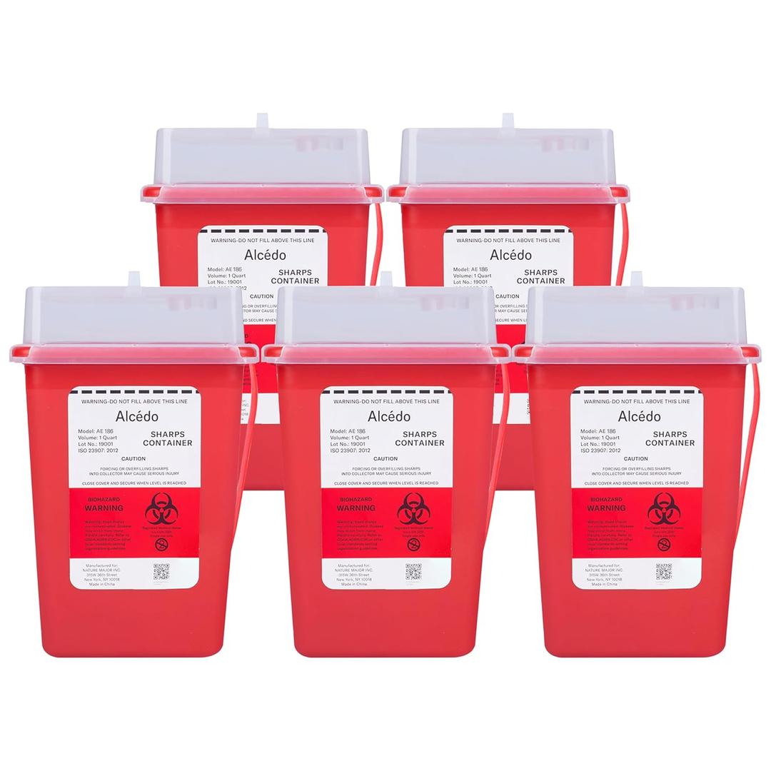Alcedo Sharps Container for Home Use and Professional 1 Quart (5-Pack), Biohazard Needle and Syringe Disposal, Small Portable Container for Travel