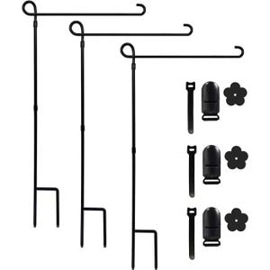 YEAHOME 3PC Garden Flag Holder Stand, Weather-Proof Yard Flag Pole Black Metal Powder-Coated Flagpole with Tiger Clip and Rubber Stopper for Garden Flags Outdoor Decorations