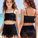 Girls Bathing Suit 3 Piece Set Ruffle Cami Tankini Top with Swim Skirt and Bikini Bottom, Cute Girls Swimwear for Pool Beach Vacation, Black, Ages 15-16 Years (Black)