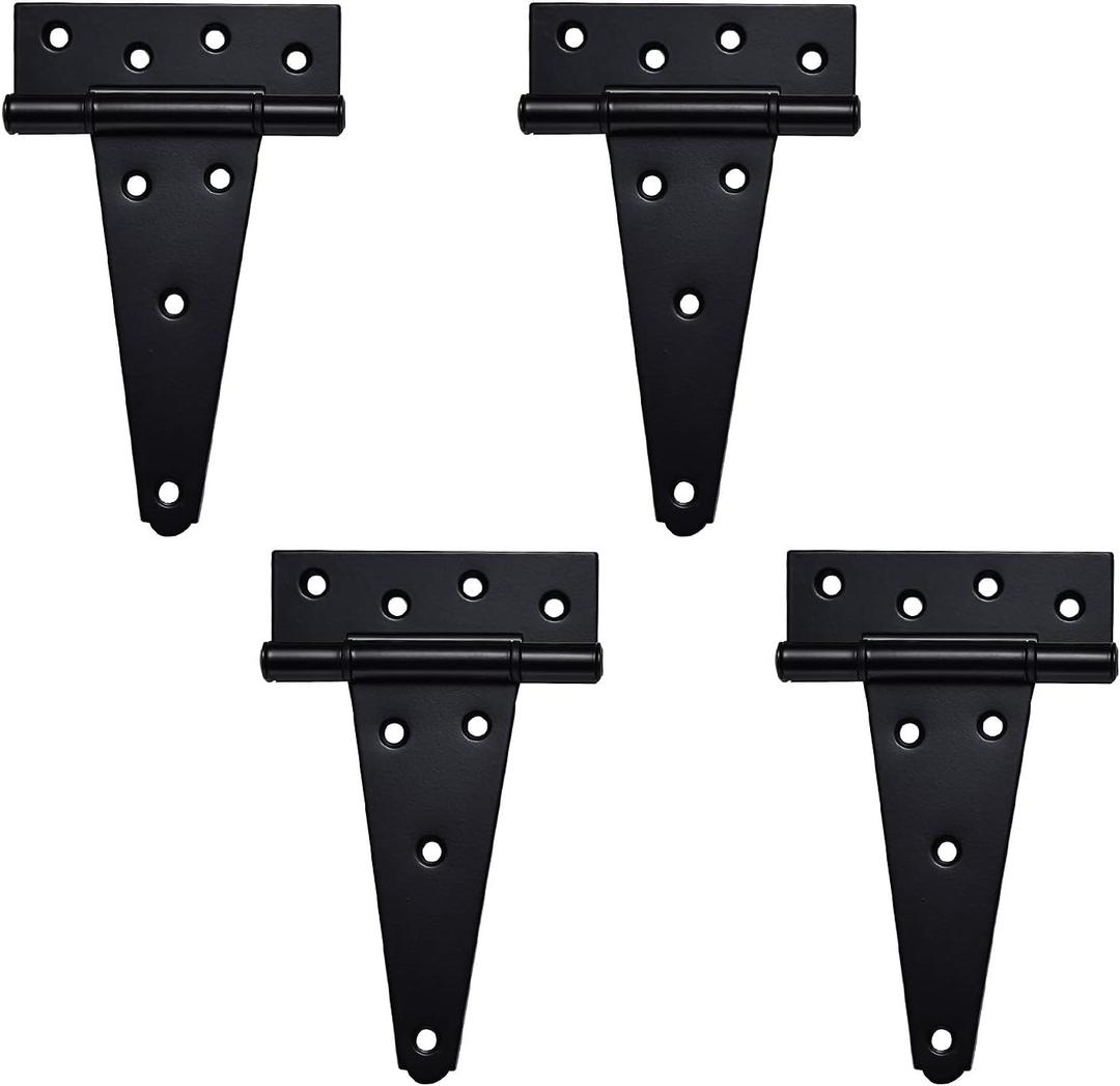 6 Inch T-Strap Heavy Duty Shed Door Hinges,Black Tee Hinge for Wooden Fences,Yard Door,Barn Door Gates, Wrought Hardware Rustproof, 4 PCS