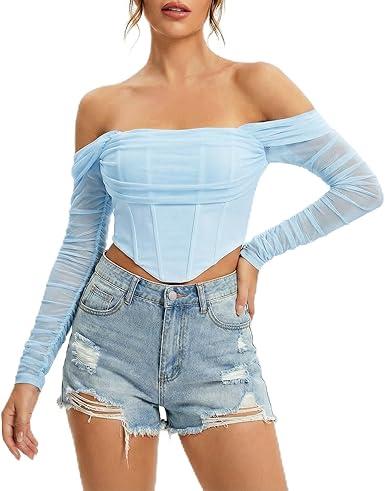 JSXZMMSM Corset Tops For Women Long Sleeve Off The Shoulder Trendy Boned Bustier Sexy Going Out Tops (US, Alpha, X-Large, Regular, Short, Blue)