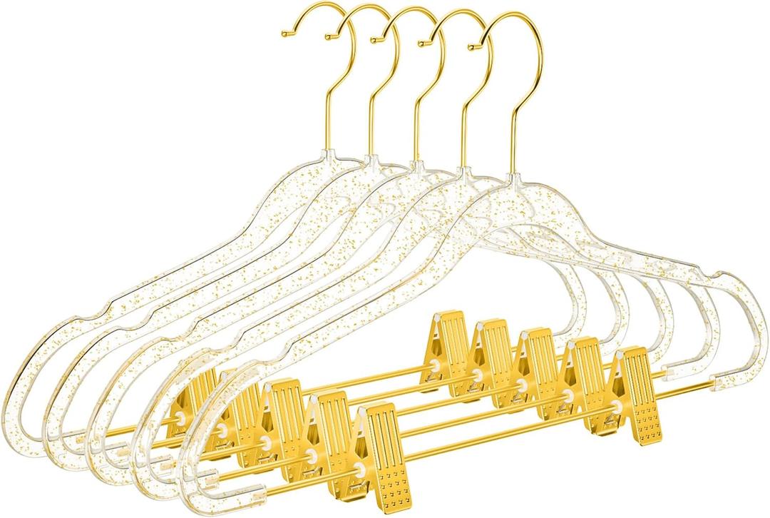 Slim Gold Glitter Pants & Skirt Hangers (20 Pack) – Adjustable Gold Clips & Hooks, Transparent Non-Felt, Space-Saving for Dresses, Shirts, Blouses