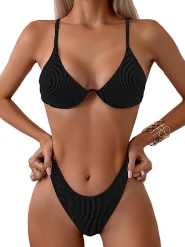 Fanuerg Women Underwire Triangle Bikini Spaghetti Strap Push Up Swimsuit Cheeky Two Piece Bathing Suit, S