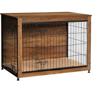DWANTON Dog Crate Furniture with Cushion, Wooden Kennel Table with Double Doors, Indoor Dog House, Large Size, 38.5" L, Warm Brown