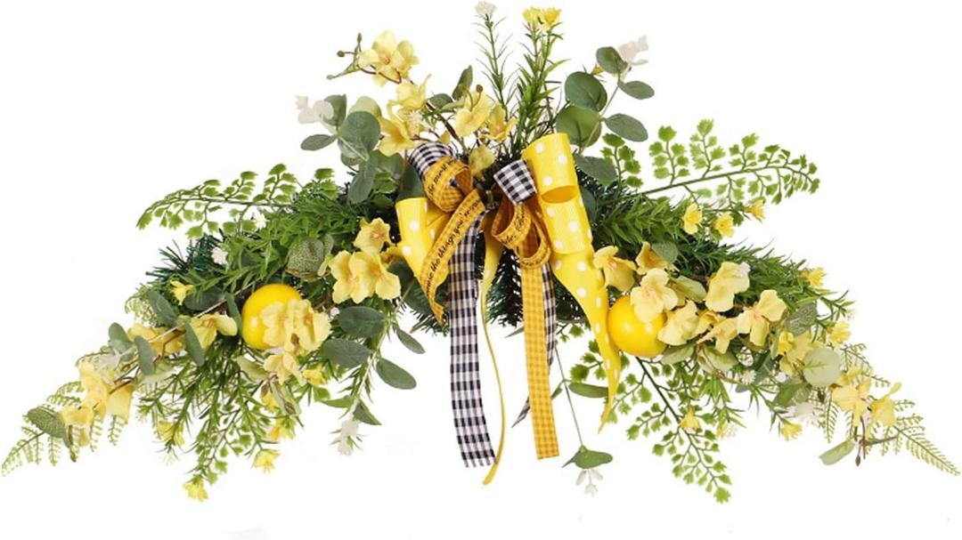 24in Artificial Flower Swag with Lemon, Spring Lemon Fruit Garland Rustic Decorative Swag Farmhouse Floral Garland with Large Bow for Wedding Arch Front Door Wall Home Decor(Yellow)