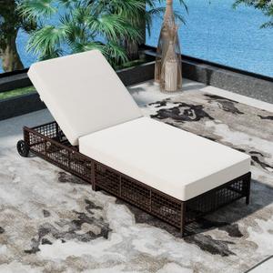 Outdoor Patio Chaise Lounge with Wheels and 5-Position Backrest, Rattan Lounge Chair w/Cushion for Poolside, Backyard, Garden,Grey+Beige (1 Piece)