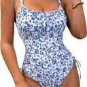 Floerns Women's One Piece Swimsuits Floral Ruched Bust Tummy Control Bathing Suit (X-Large, Blue and White)