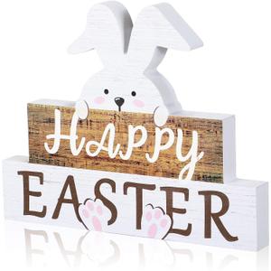 Easter Decorations for Table, Wooden Happy Easter Bunny Decor Sign for Home, Wood Rabbit Block Tabletop Centerpiece Farmhouse Decor for Spring Indoor Shelf Living Room Office(White, Wooden Color)