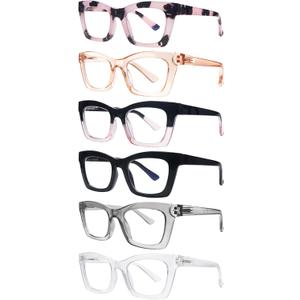 SIGVAN 6 Pack Oprah Style Reading Glasses Blue Light Blocking Square Computer Spring Hinge Readers for Women (6 Mix-9), Magnification Strength: 1.25 x