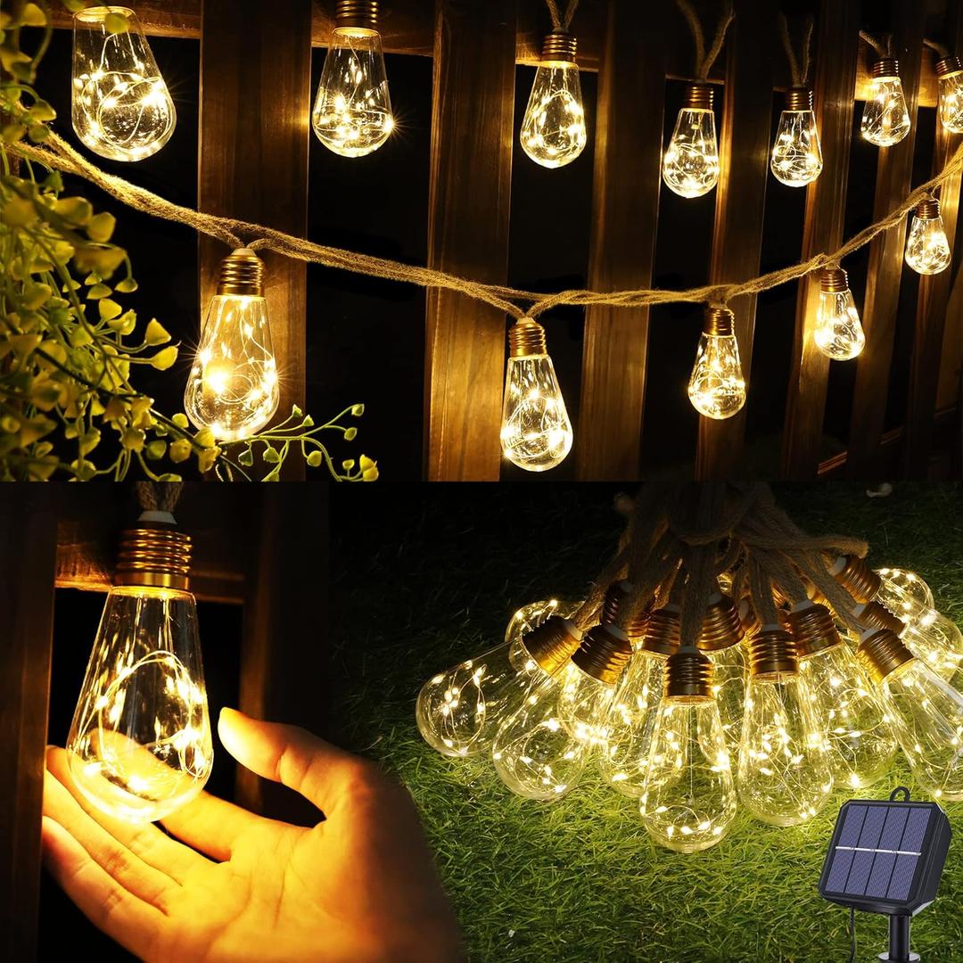 Solar Outdoor String Lights, 20Ft Vintage Rope Hemp Solar Patio Lights, Waterproof Warm White Solar Powered String Lights With 8 Modes 16 Shatterproof Bulbs for Garden Fence Stairs Balcony Cafe Bistro