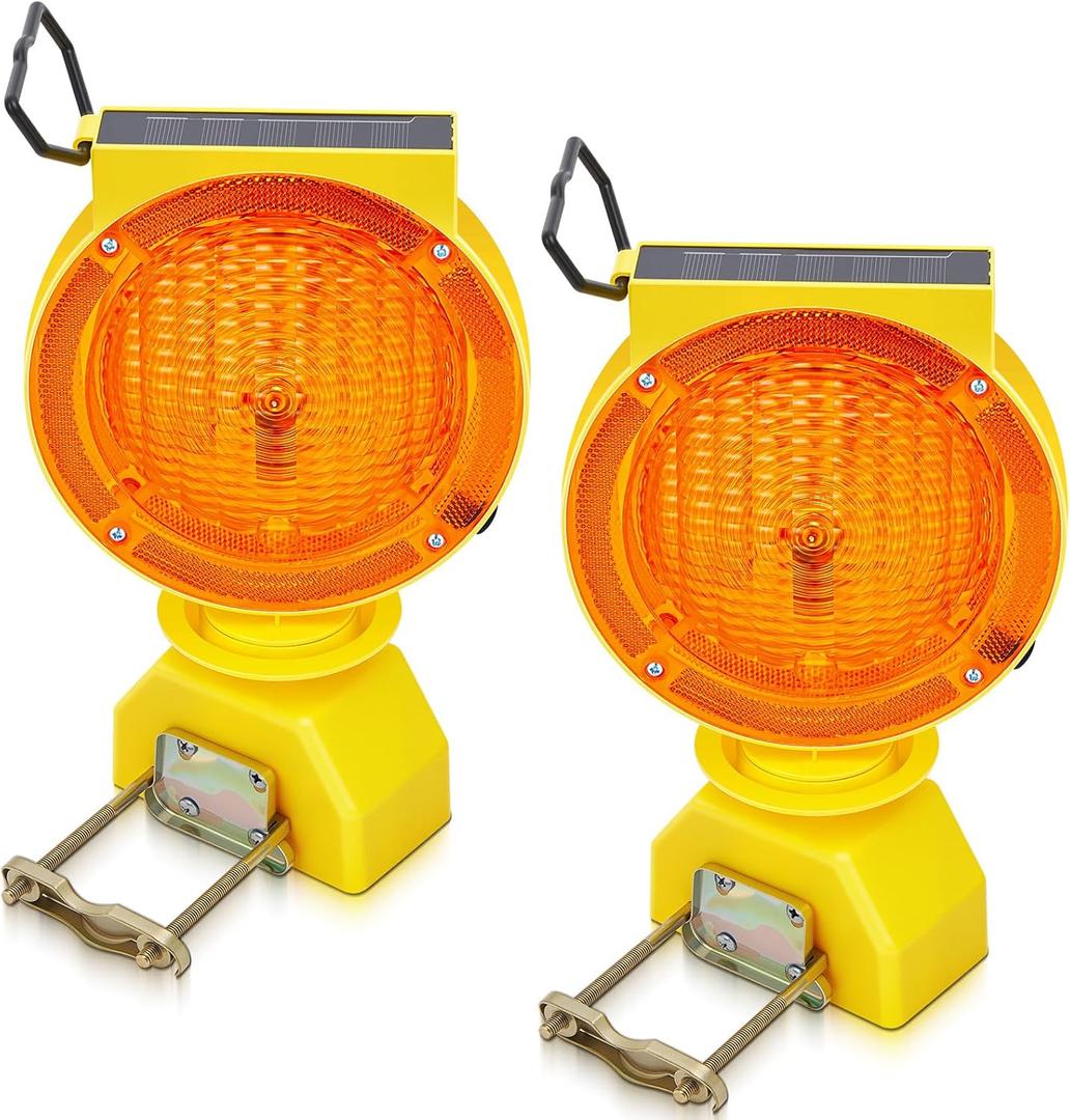 2 Pcs Solar Flashing Traffic Lights Solar Warning Lights Industrial Warning Traffic Safety Barricade Signal Flashing 2 Sided Visibility LED (Amber)
