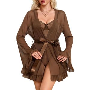 Avidlove Women Sexy Lingerie Set 2 Piece Sheer Kimono Robe with Lace Teddy Lingerie Bodysuit (Brown), XL