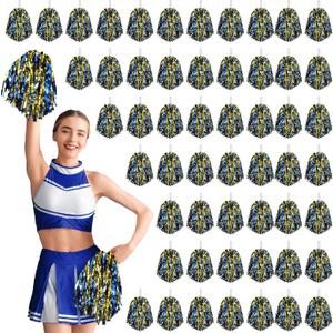 60 Pcs Cheerleading Pom Poms Cheering Pompoms Bulk Cheer Metallic Foil Pom with Baton Handle Plastic Poms Squad for Game Team Spirit Sports Dancing Basketball Club (Blue, Gold)