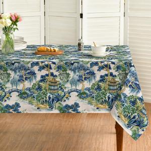 Horaldaily Chinoiserie Tablecloth 60x140 Inch Rectangular, Seasonal House Trees Vintage Style Mountain Fall Washable Seasonal Table Cover for Party Picnic Dinner Decor