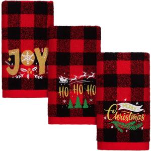 MCEAST 3 Pack Large Size Christmas Hand Towels 25 x 14 Inch Christmas Kitchen Towel 100% Cotton Towels Decorative Embroidery Holiday Towels for Bathroom Kitchen Dining Room, Red and Black Plaid