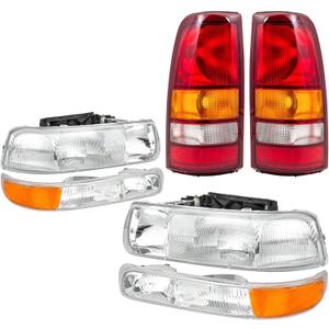 Headlights Tail Lights Assembly Combo Compatible with 1999 2000 2001 2002 Chevy Silverado 1500 2500 / HD, HeadLamp+Taillight Rear Brake Lamp, Factory Style