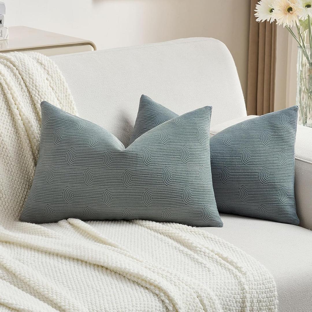 FUTEI Pack of 2 Chenille Decorative Throw Pillow Covers 12x20 Inch,Soft Cozy Striped Geometric Patterns Lumbar Pillow Cases,Modern Home Decor for Couch Bed Living Room,Dark Grey